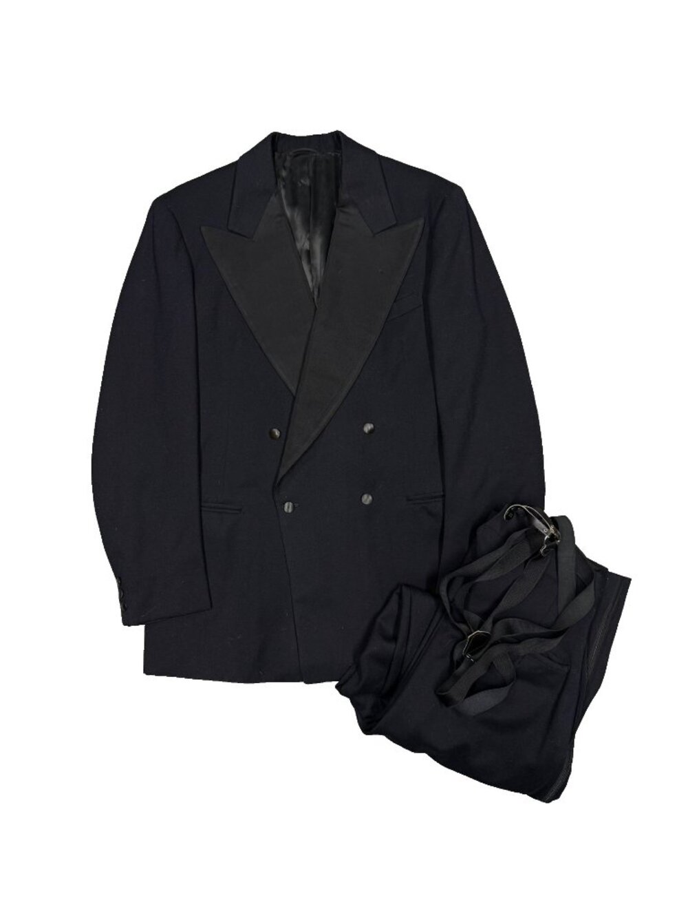 Vintage Bespoke 1940s Tuxedo Double Breasted 2pc Black Peak Lapel 38R 30x32